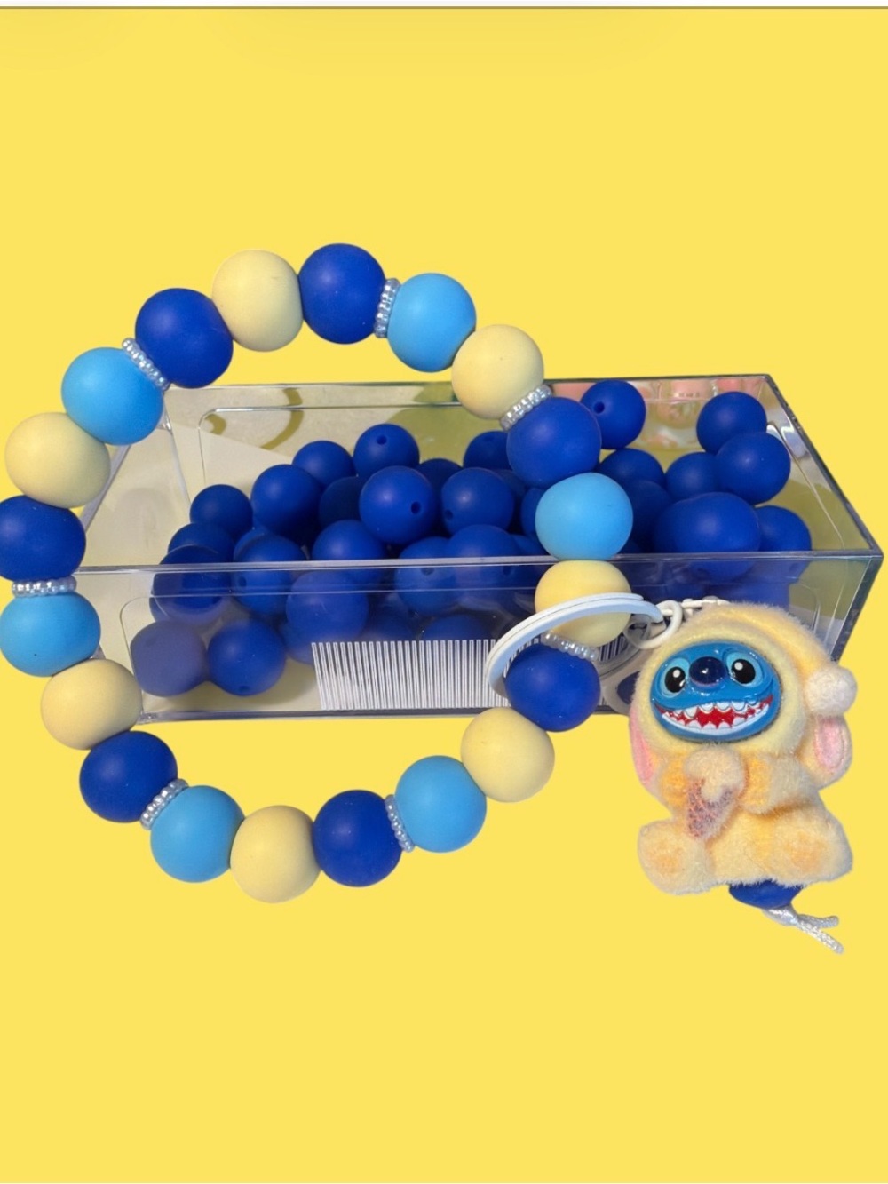 Handmade Silicone Beaded Wristlet Keychain - Blue & Yellow with Plush Charm